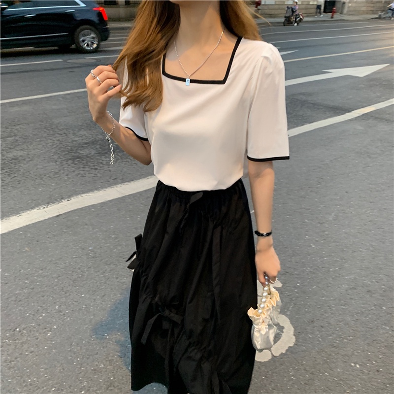 Áo Thun Tay Ngắn Cổ Vuông Màu Sắc Đơn Giản Phong Cách Hàn Quốc