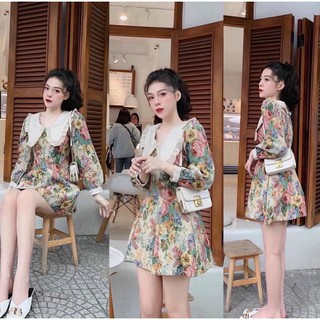 Đầm hoa bố gấm phối cổ peter ren