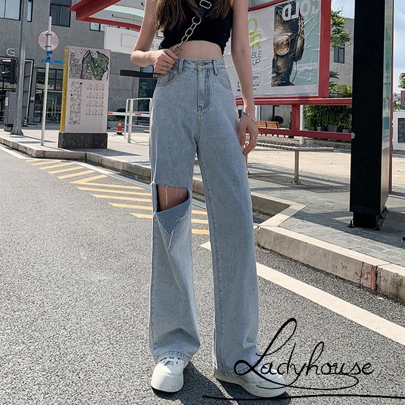 Quần Jean Dài Ống Rộng Lưng Cao Màu Sắc Trơn Thời Trang Cho Nữ