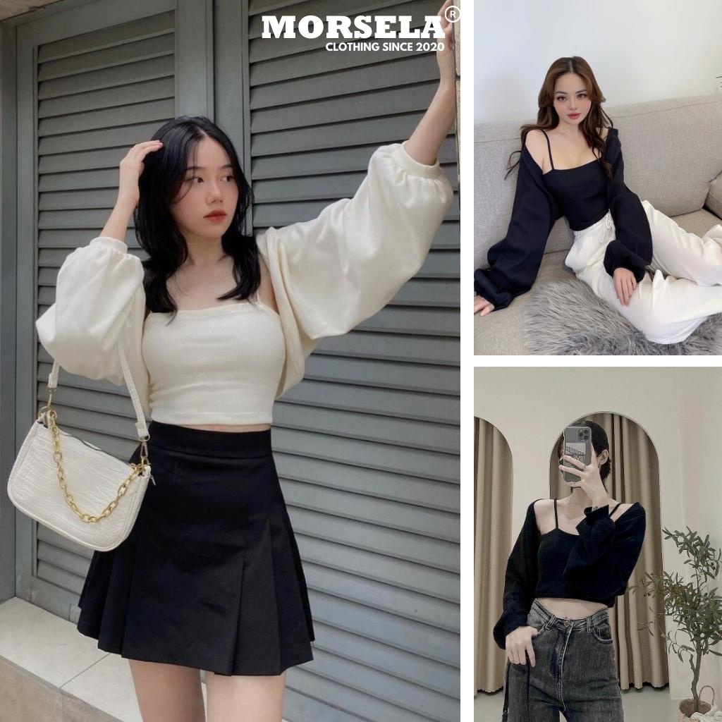 Set áo 2 dây ôm body kèm áo khoác cardigan gân dày dặn dáng tay bồng xinh xắn - Morsela -SET02