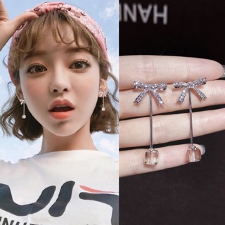 Bạc 925 - Bông tai nơ dài hạt đá vuông
