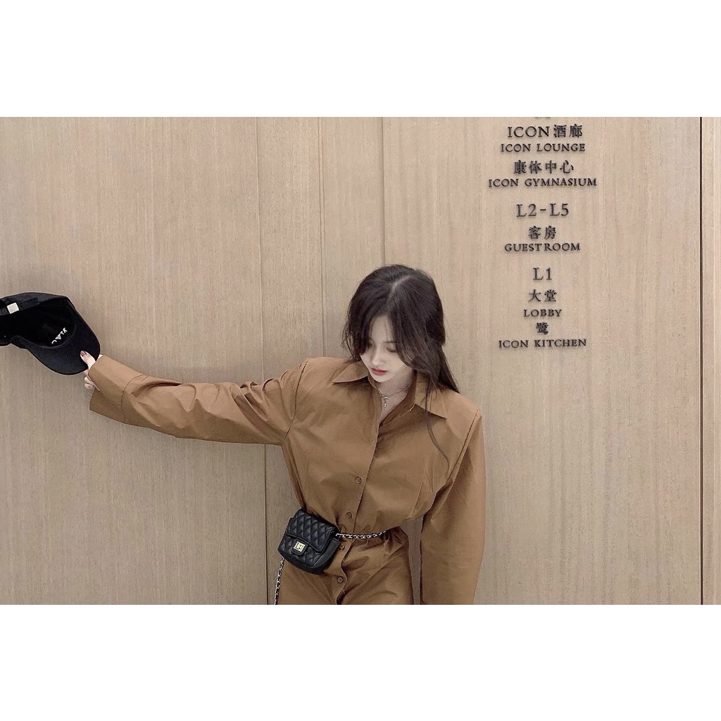 ÁO SƠ MI DÀI TAY ĐAI TÚI MÀU NÂU TÂY SIÊU XINH