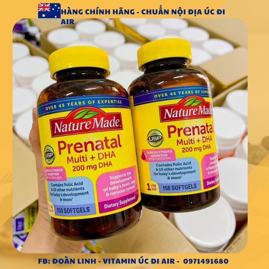 Vitamin Cho Bà Bầu Nature Made Prenatal Multi DHA 200mg, Hàng Chuẩn Mỹ, Bầu mỹ Prenatal số 1 Mỹ