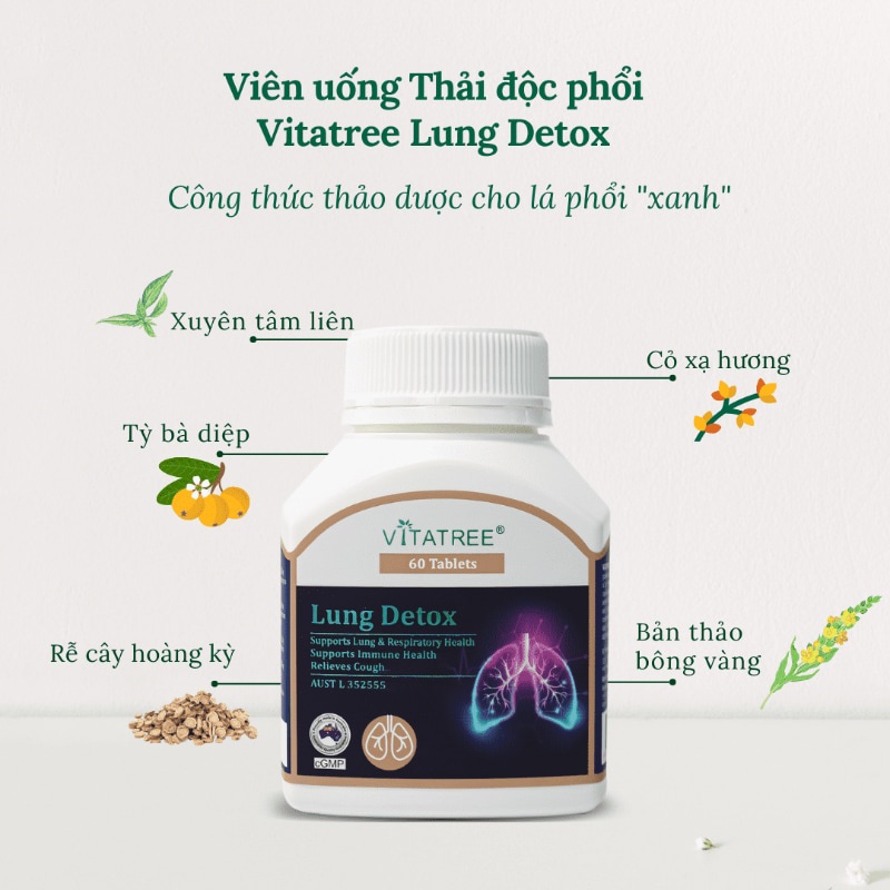 Viên uống thải độc phổi Vitatree Lung Detox Úc 60 viên giúp thanh lọc, giải độc cho phổi, làm sạch phổi - mẹ bean bon
