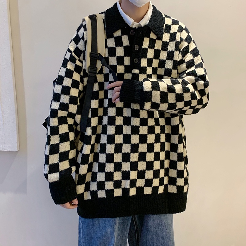 Áo len cổ polo tay dài họa tiết caro phong cách Hàn Quốc thời trang cho nam