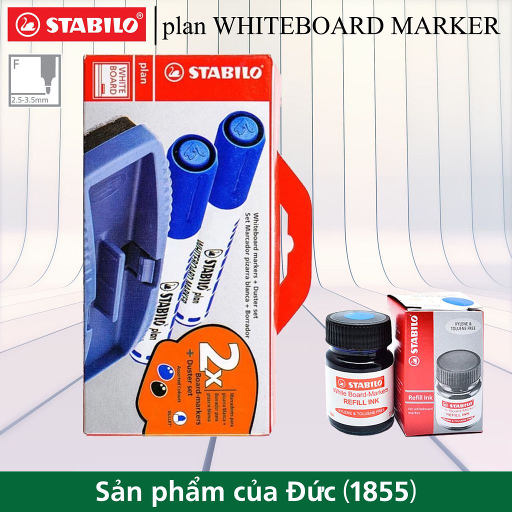 Bộ 2 Bút viết bảng STABILO plan + Dụng cụ lau bảng lớn + Hộp mực châm bút viết bảng màu xanh (WM641-2SBUR)