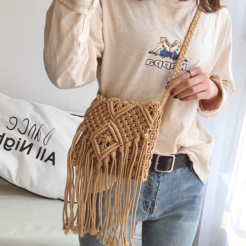 Túi Cói Dệt Tua Rua Phong Cách Boho