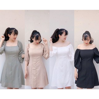 Đầm cổ vuông tay phồng lỡ trễ vai 4 màu ( Trắng - Đen - Xanh - Nude)