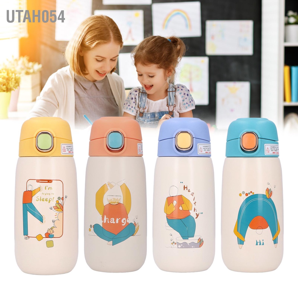 Utah054 Bình nước bằng thép không gỉ Trẻ em Du lịch Di động Mẫu Hoạt hình Dễ thương chân Quà tặng 420ml