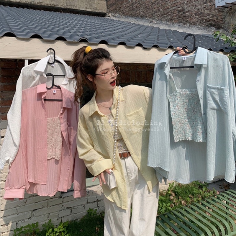 Set áo sơ mi mỏng và áo hai dây dún hoa ulzzang