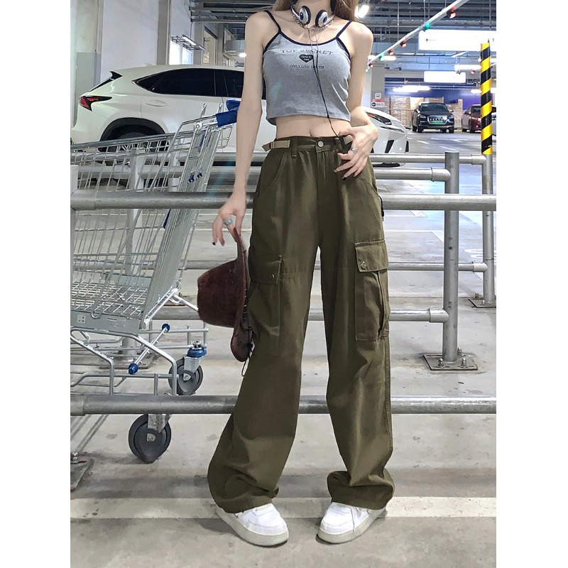 Quần Yếm Lưng Cao Ống Rộng Phối Túi Phong Cách Đường Phố Cá Tính Cho Nữ