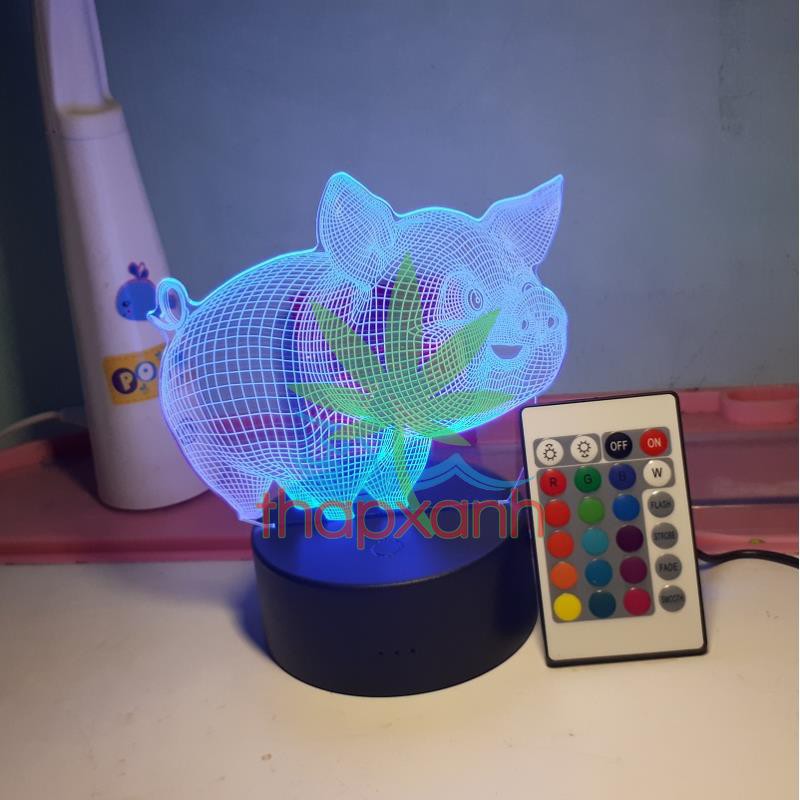 Đèn ngủ, Đèn trang trí Led 3D, Đèn ngủ 16 màu mini có điều khiển Con Lợn