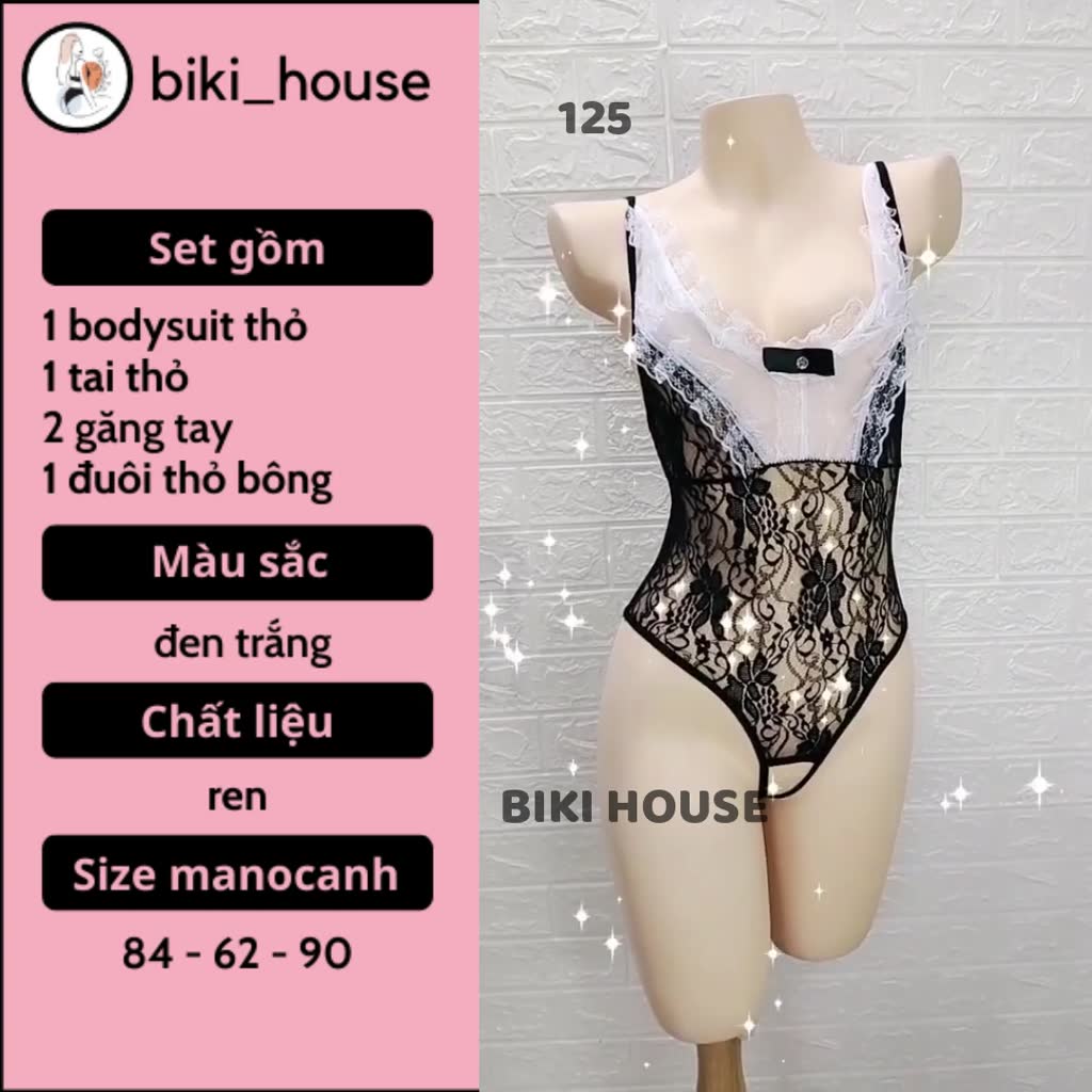 Set cosplay thỏ bông hư hỏng trắng đen gợi cảm quyến rũ đồ ngủ liền thân ren xẻ đáy kèm tai dễ thương BIKI HOUSE N732 | BigBuy360 - bigbuy360.vn