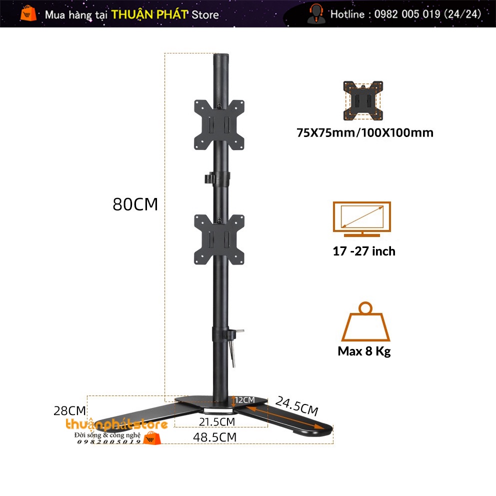 M073 | Giá Treo Màn Hình  - Giá Treo 2 Màn Hình 17-27 Inch Thiết Kế Chân Để Bàn - Xếp Màn Trên / Dưới - Xoay Màn 360