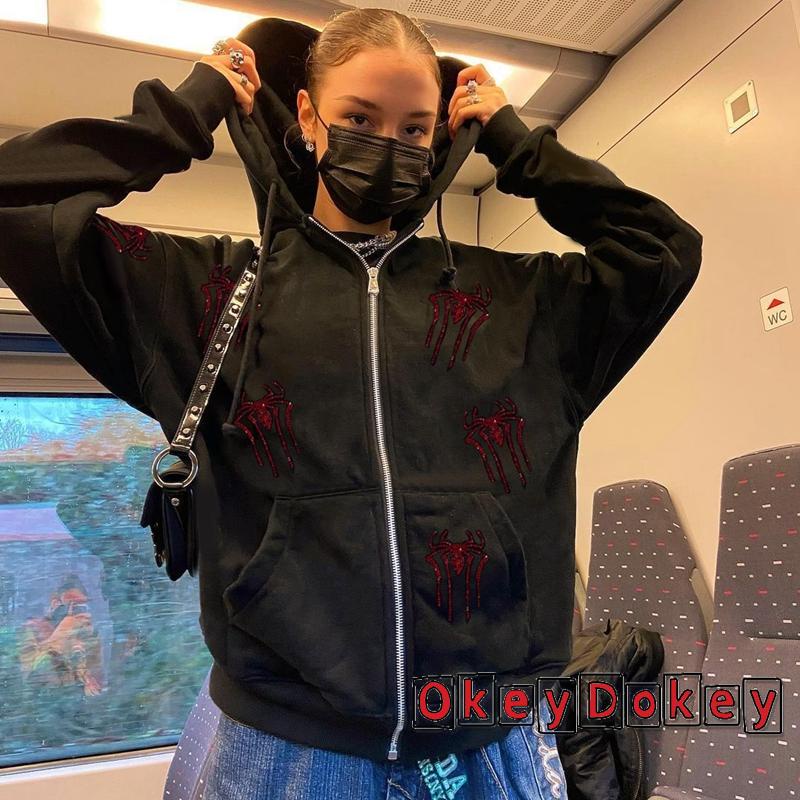 Áo Khoác Tay Dài Có Mũ Trùm Đầu In Họa Tiết Nhện / Đầu Lâu Đính Đá Có Khóa Kéo