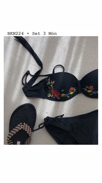[BKN224] <HÀN> SET BIKINI 3 MÓN ĐEN THÊU HOA KÈM CHÂN VÁY DÀI KIỂU HÀN (CÓ GỌNG) | BigBuy360 - bigbuy360.vn