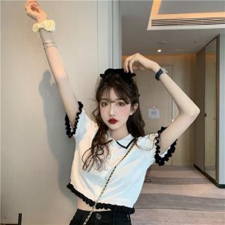 Áo Thun POLO Cài Nút Tay Lửng Vải Lụa Lạnh Phối Ren Gợn Sóng Đính Ngọc Trai Cỡ Nhỏ Kiểu Retro Pháp Thời Trang Mù