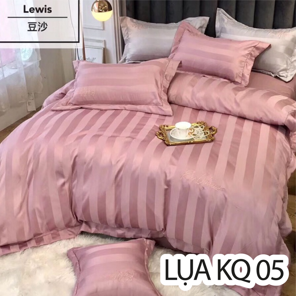 Trọn Bộ Chăn Ga Vỏ Gối Lụa Cotton Kẻ Sọc KQ - Ga Lụa Cao Cấp - Chữ Thêu