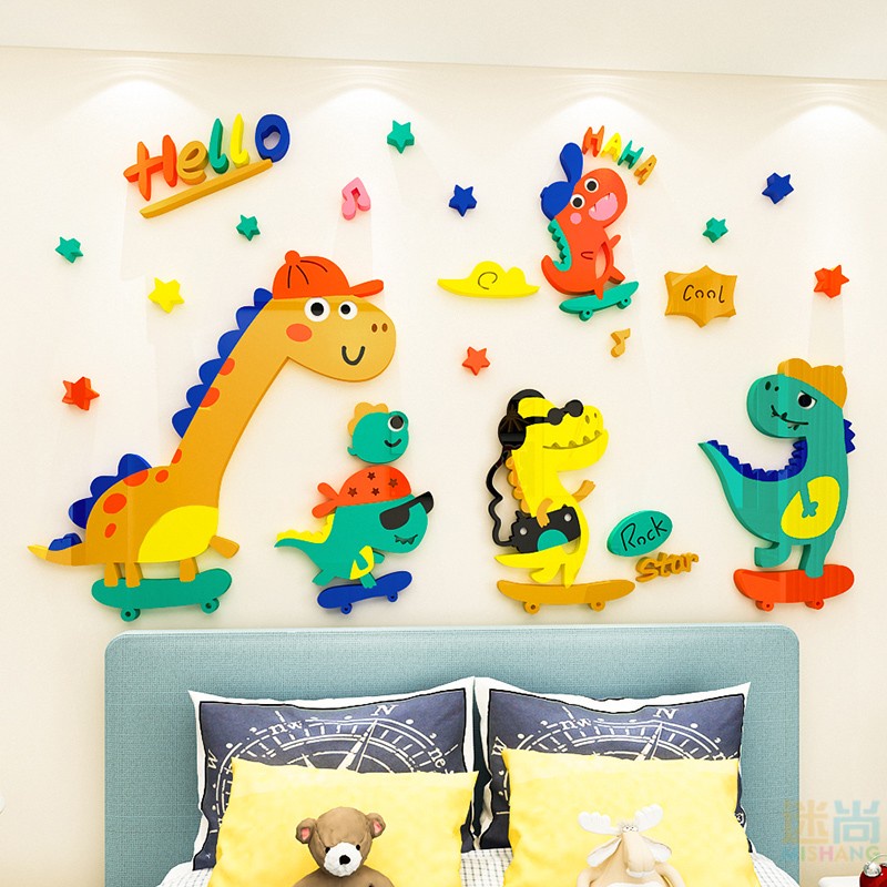 Tranh Mica trang trí Team những chú Khủng long tinh nghịch Trang trí phòng cho bé, Trường mầm non Nhiều Size - EPeBen