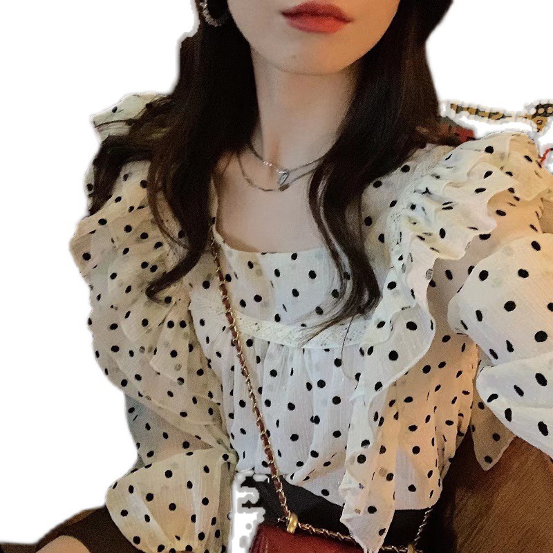 Áo kiểu SUXI tay dài họa tiết chấm bi thời trang phong cách Hàn Quốc cho nữ