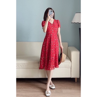Váy thiết kế hoa đỏ cổ V