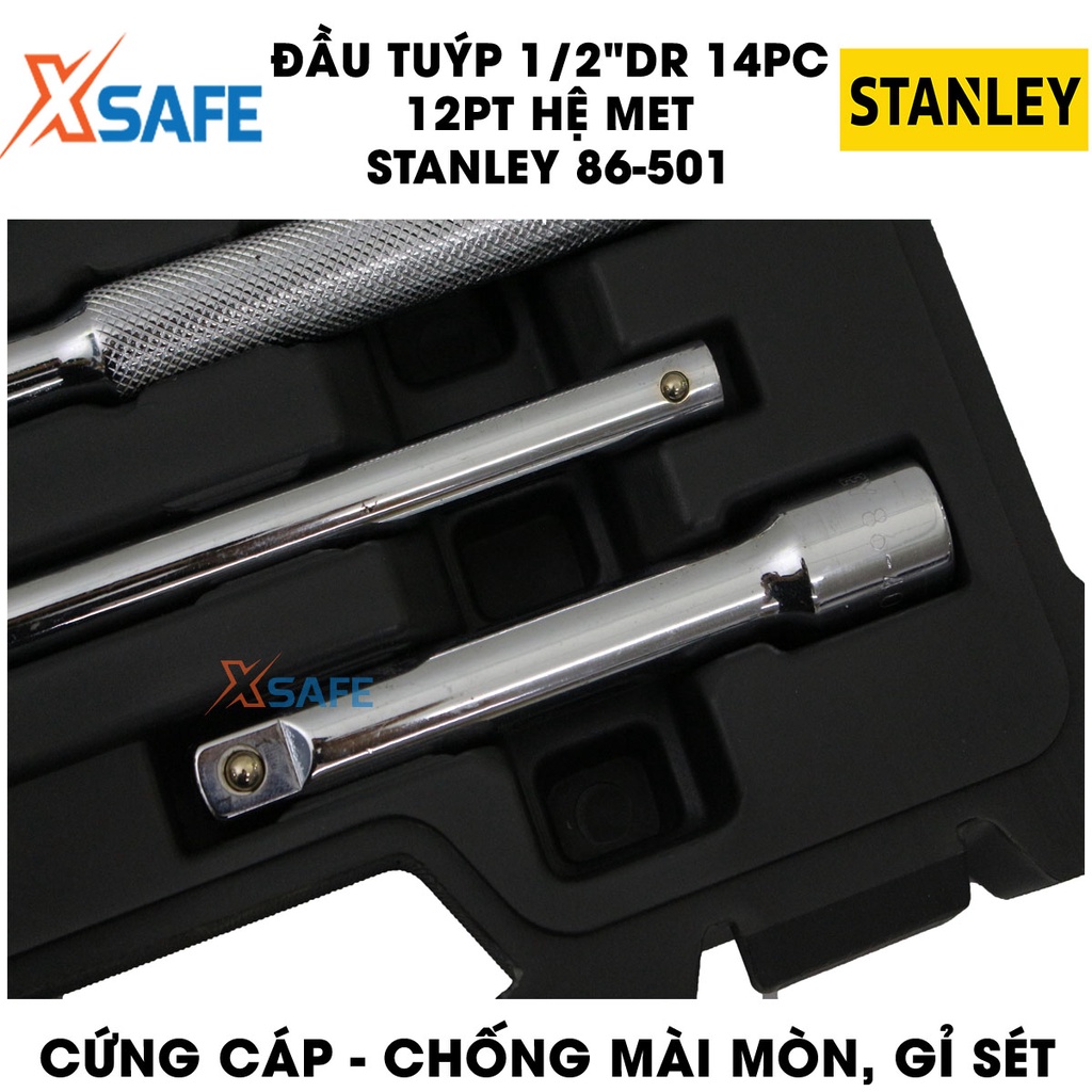 Đầu tuýp 1/2 inch DR 12PT MET STANLEY 86-501 14 chi tiết, thép CR-V cứng cáp, không gỉ sét, bề mặt bóng - Chính hãng