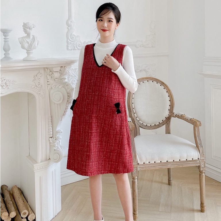 MEDYLA - Đầm bầu yếm công sở dạ thu đông giữ ấm cho mẹ bầu - VY025
