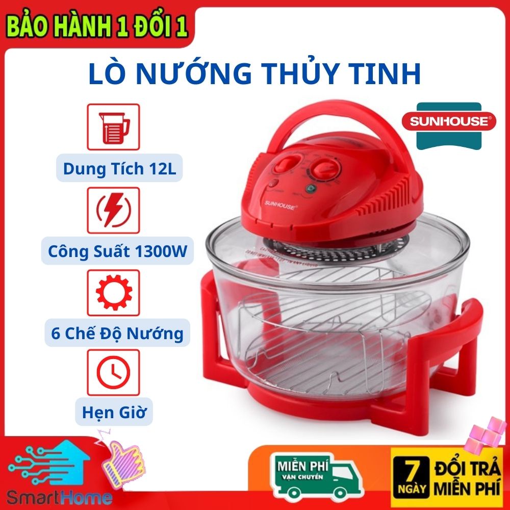 Lò nướng SUNHOUSE thủy tinh 12L màu đỏ SH416 Công Nghệ Nướng Halogen 6 chế độ nướng