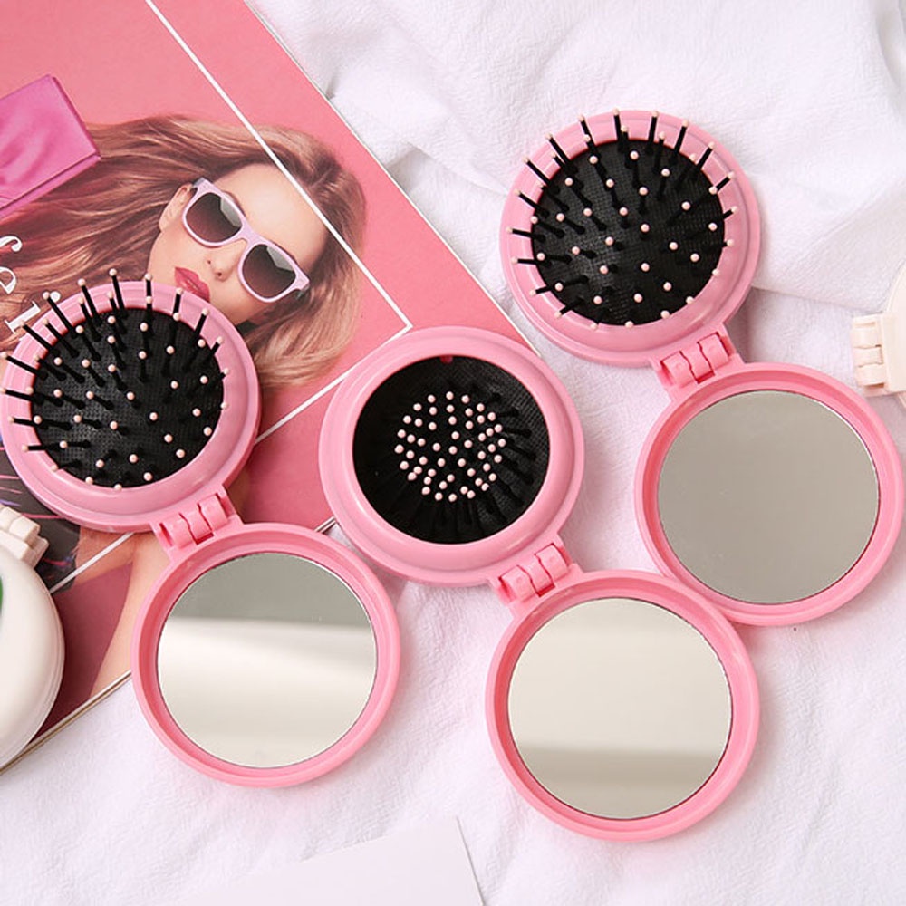 [Hàng mới về] Lược tích hợp gương họa tiết hoạt hình gấp gọn kiểu tròn thời trang Hàn Quốc tiện dụng