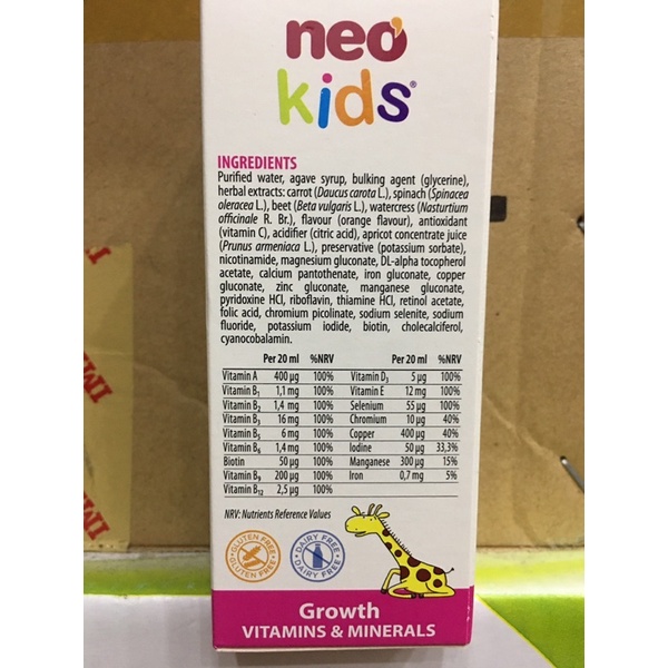 siro Neo Kids Growth vitamin &amp; minerals (Hỗ trợ phục hồi sức khỏe, tăng cường sức đề kháng cho trẻ từ 6 tháng tuổi