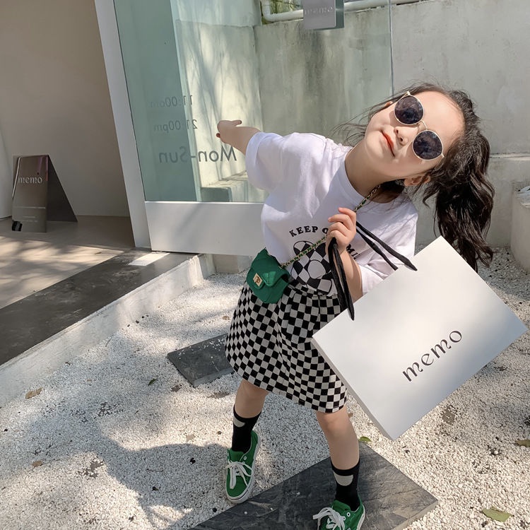 Set Áo Thun Ngắn Tay + Chân Váy Caro Phong Cách Hàn Quốc Thời Trang Mùa Hè Cho Bé Gái