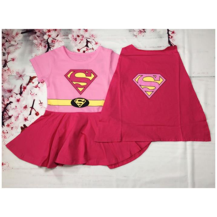 Đầm siêu nhân supergirl bé gái kèm áo choàng từ 9-26kg- thun cotton thấm hút mồ hôi, hình không bong tróc