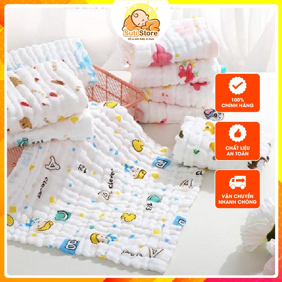 Set 5 khăn sữa sợi tre organic 6 lớp in hoạ tiết mềm mịn cho bé sơ sinh