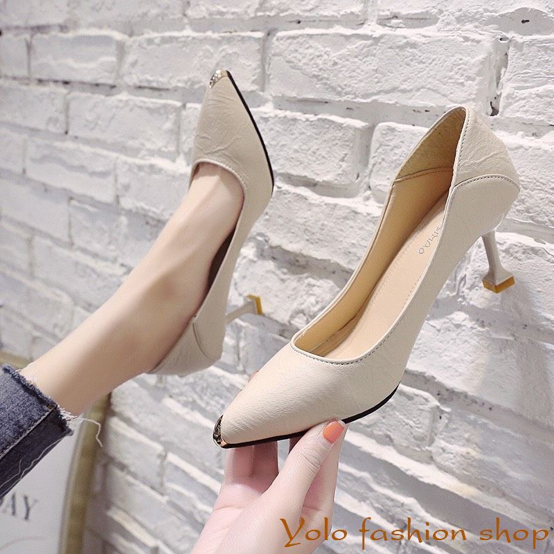 Giày cao gót nữ da mềm gót nhọn dẫm gót 7cm hàng Quảng Châu cao cấp CC08