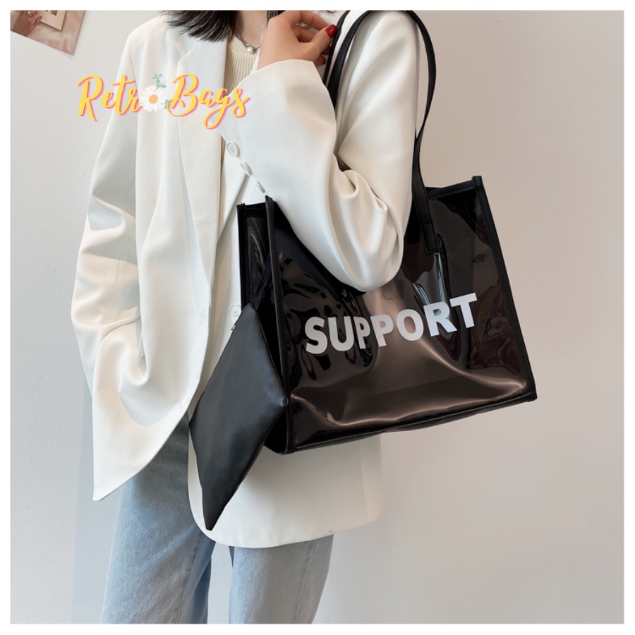 Túi xách nữ size to túi tote trong suốt thời trang in chữ Support kèm túi nhỏ bên trong Retro Bags RT-VC016