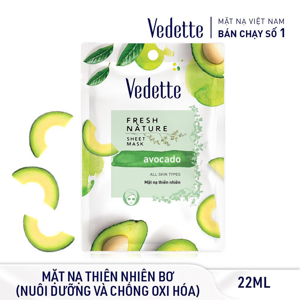 COMBO 6 MẶT NẠ GIẤY THIÊN NHIÊN BƠ 22ml VEDETTE - CHỐNG OXI HÓA & CUNG CẤP DƯỠNG CHẤT - TPMY101