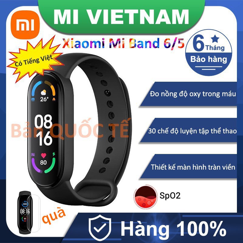 Vòng tay theo dõi sức khoẻ Xiaomi Mi Band 6 Quốc tế Theo dõi nồng độ Oxy trong máu SPO2 Đồng Hồ Mi Band 5