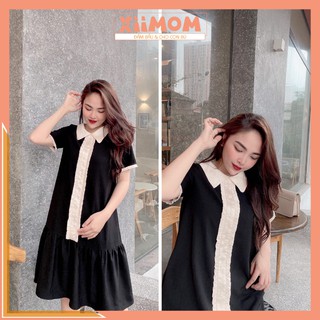 Váy bầu công sở - đầm bầu thiết kế cộc tay màu đen cổ sen viền chạy dọc đuôi cá HĐ23 - Xiimom