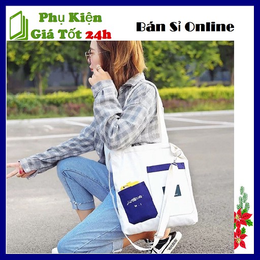 Túi Tote Vải Bố Màu Đen Phối 2 Túi