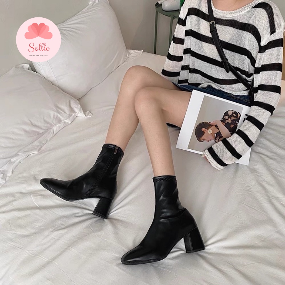 Giày bốt nữ da lì mềm cao gót boot cổ ngắn lót lông ấm siêu êm giá rẻ 5 phân Sollle BD02