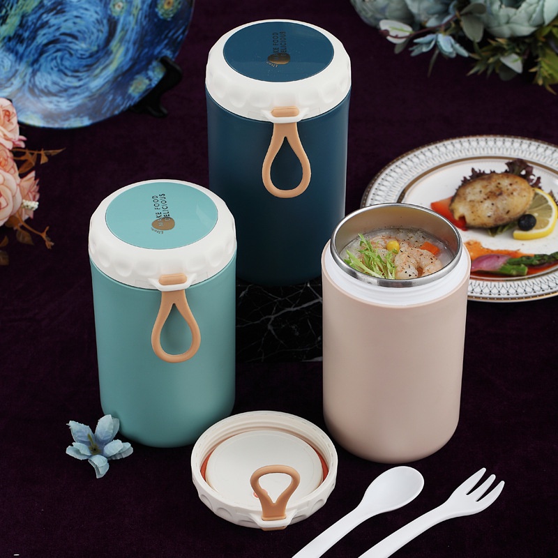 Bình ủ giữ nhiệt giữ nóng cháo và đồ ăn chống bỏng có kèm thìa nhỏ gọn xinh xắn có quai cầm thuận tiện mang đi
