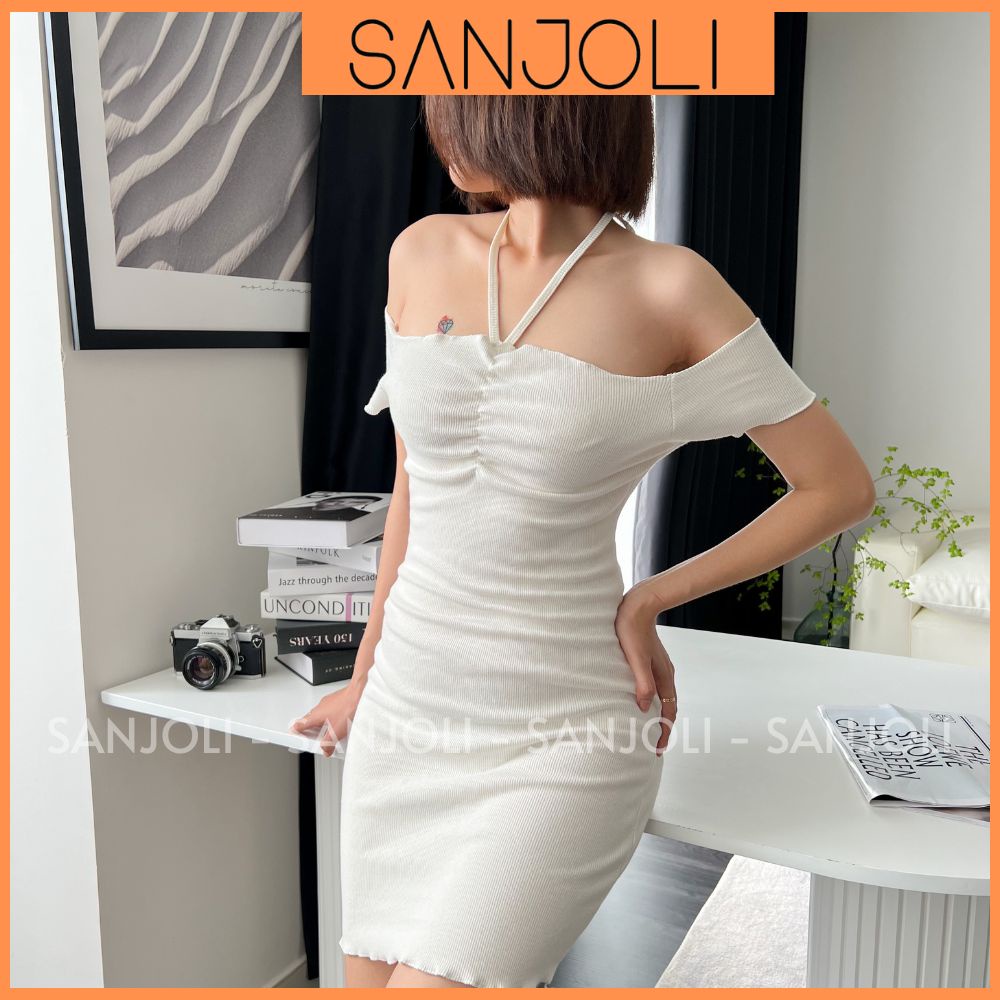 Váy Đi Biển Trễ Vai SANJOLI Đầm Body Ôm Dáng Dự Tiệc Bẹt Vai Thiết Kế Cổ Yếm Cúp Ngực Ulzzang Sexy VDE022