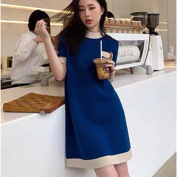 SUXI Đầm Dệt Kim Tay Ngắn Cổ Tròn Thiết Kế Đơn Giản Phong Cách Vintage