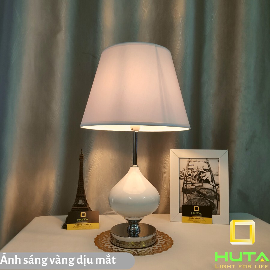 Đèn Ngủ Để Bàn Cao Cấp HUTA Dimmer Thân Sứ, Ánh Sáng Led Vàng, Decor Trang Trí Phòng Ngủ, Phòng Khách, Khách Sạn, S10