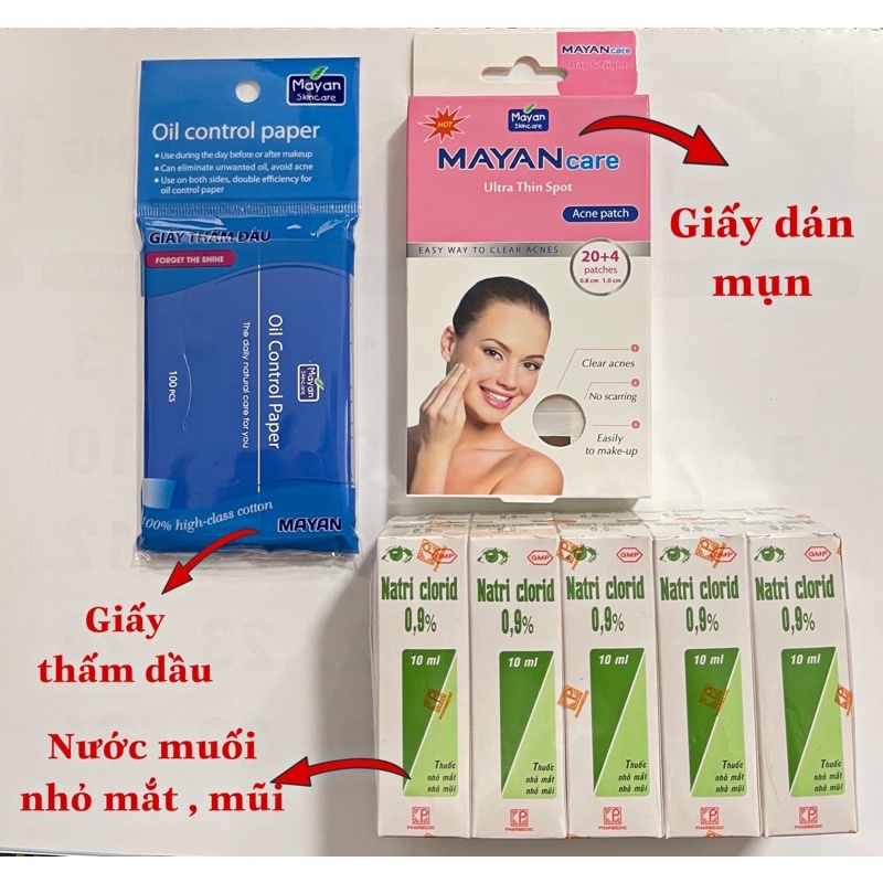 Deal Siêu Rẻ!100 tờ giấy thấm dầu, 1 hộp giấy dán mụn Mayan care, nước nhỏ mắt natri clorid 0,9% an toàn cho cả em bé