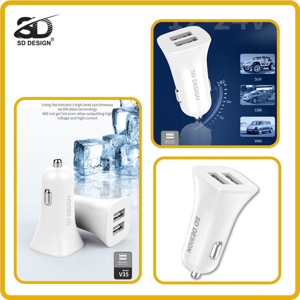 Tẩu sạc ô tô 2 cổng USB cao cấp V35 tương thích rộng rãi với nhiều loại thiết bị điện tử chính hãng SD Design