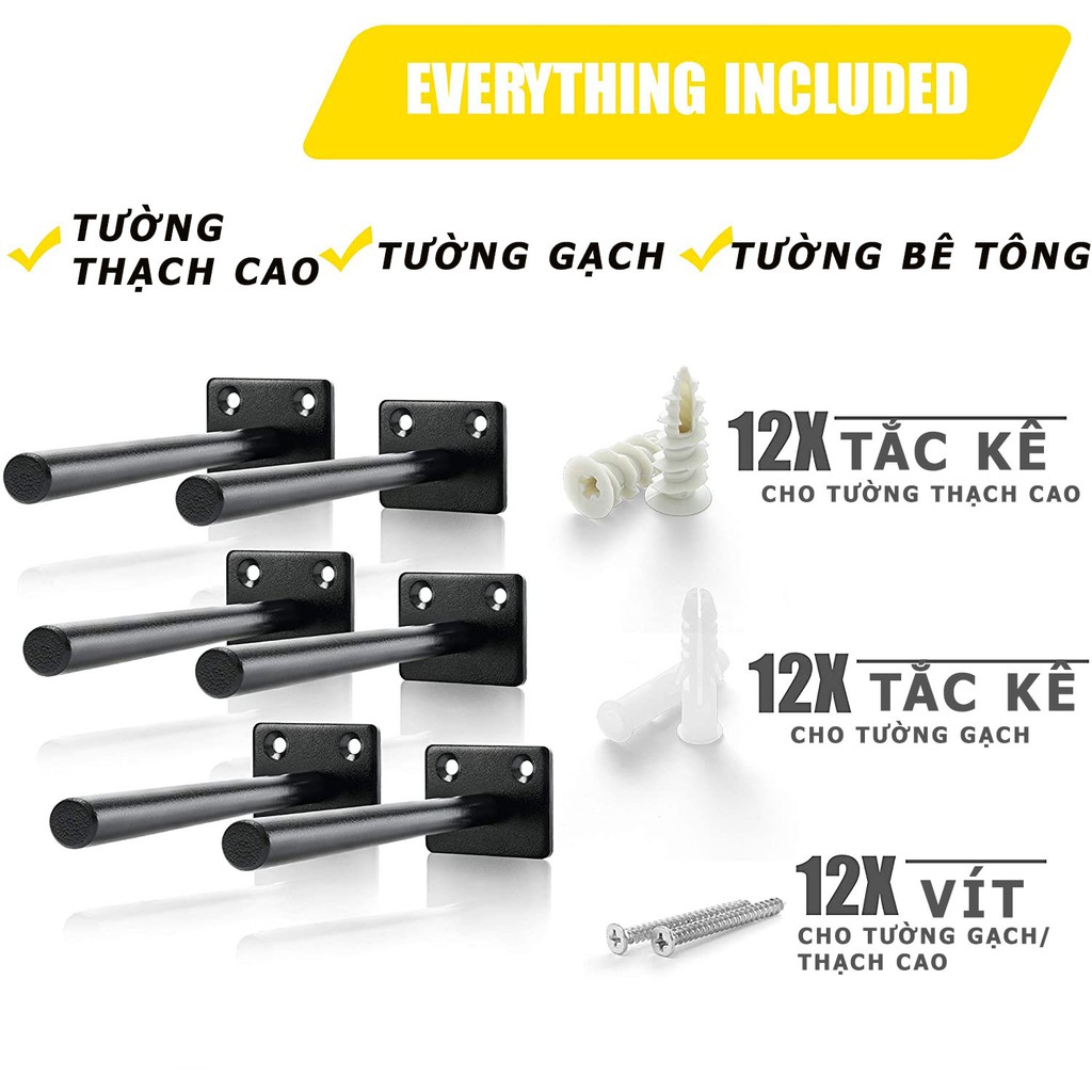 Combo 6 chốt âm kệ treo tường, pát âm đỡ kệ trang trí bằng thép đặc 20cm kèm phụ kiện vít tắc kê – Hàng chính hãng