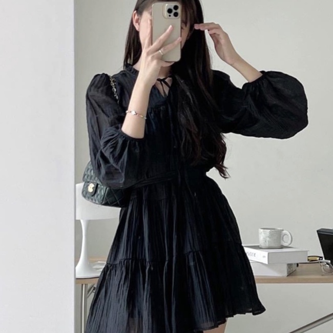 Váy babydoll dáng ngắn, váy đầm nữ dài tay tầng 2 lớp voan tơ xước freesize phom suông thắt eo hàn quốc C1092