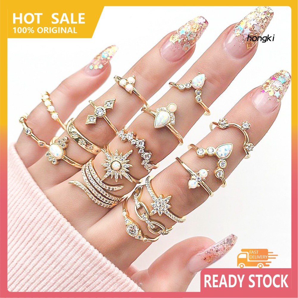 Set 17 nhẫn đính đá quý nhân tạo phong cách bohemian thời trang cho nữ