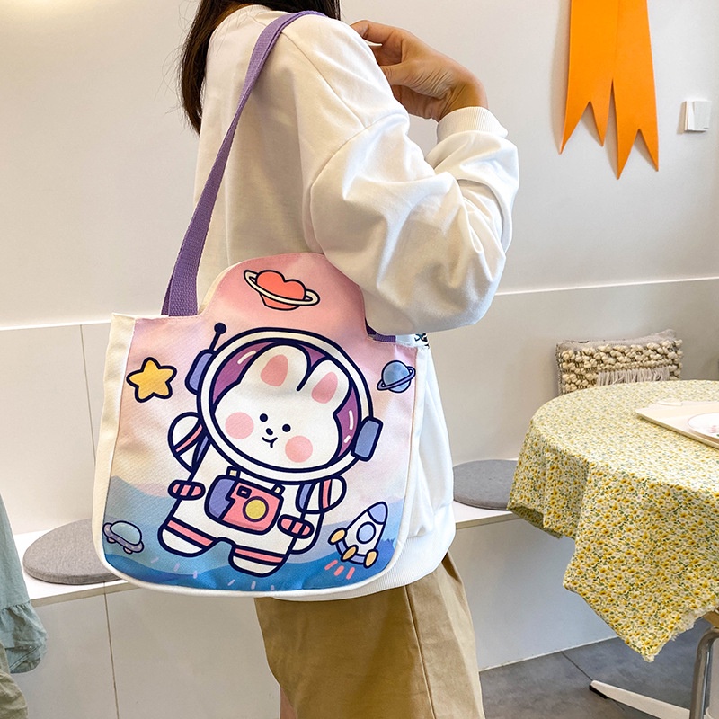 Túi Xách Vải Canvas Cỡ Lớn In Họa Tiết Thỏ Hoạt Hình Phong Cách Nhật Hàn Cho Nữ